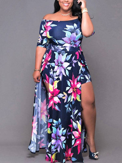 Women's Floral Print Cold Shoulder Slit Dress