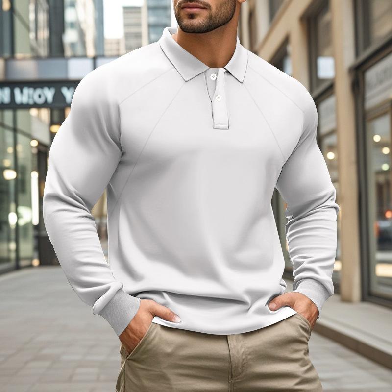 Men's Casual Solid Color Lapel Raglan Long Sleeve Polo Shirt