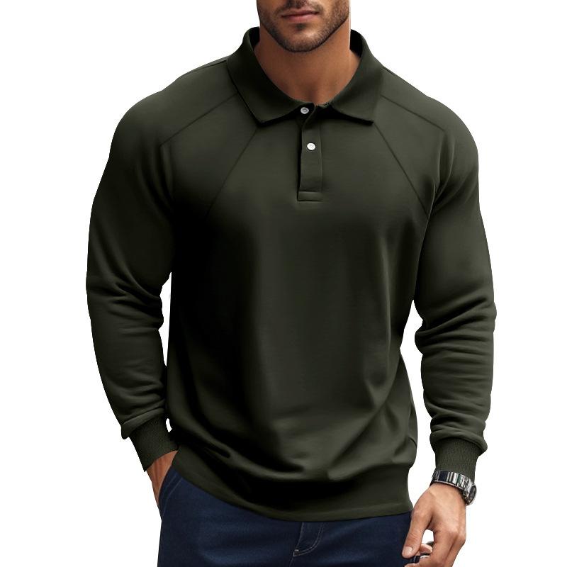 Men's Casual Solid Color Lapel Raglan Long Sleeve Polo Shirt