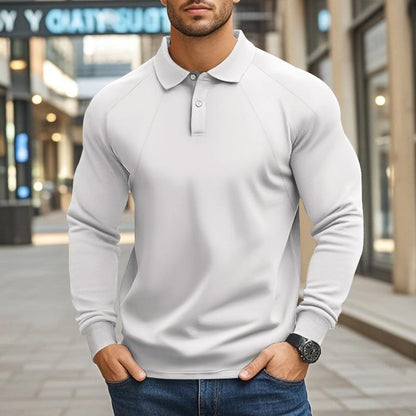 Men's Casual Solid Color Lapel Raglan Long Sleeve Polo Shirt