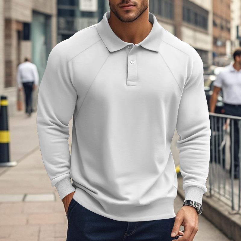 Men's Casual Solid Color Lapel Raglan Long Sleeve Polo Shirt