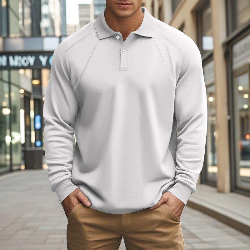 Men's Casual Solid Color Lapel Raglan Long Sleeve Polo Shirt