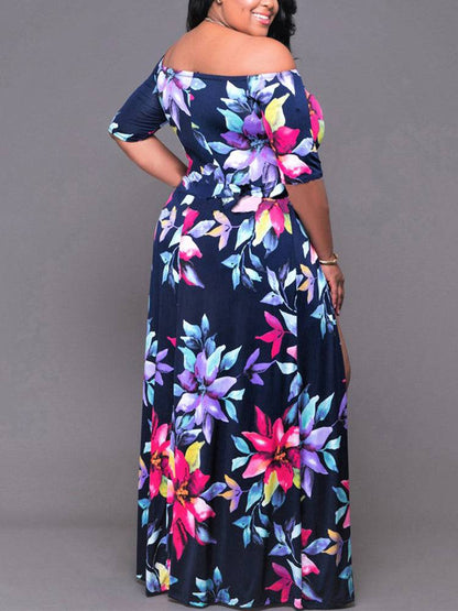 Women's Floral Print Cold Shoulder Slit Dress