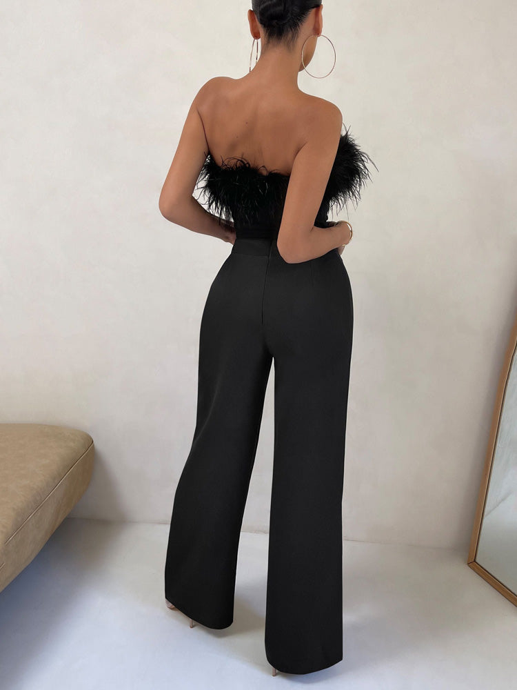 Women's Strapless Feather Wide Leg Jumpsuit