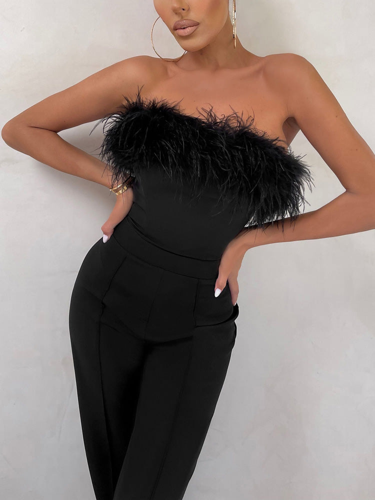 Women's Strapless Feather Wide Leg Jumpsuit