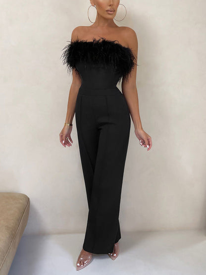 Women's Strapless Feather Wide Leg Jumpsuit