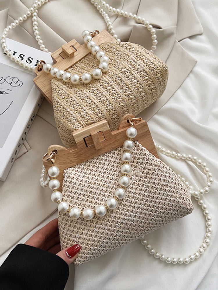Women's Pearl Decor Twist Lock Straw Bag
