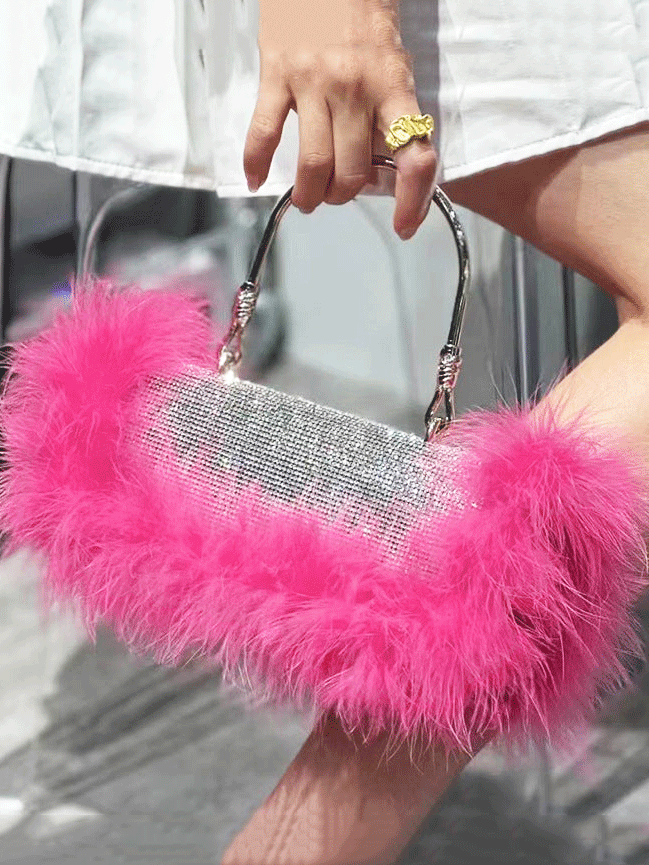 Women's Furry Rhinestone Evening Clutch Bag