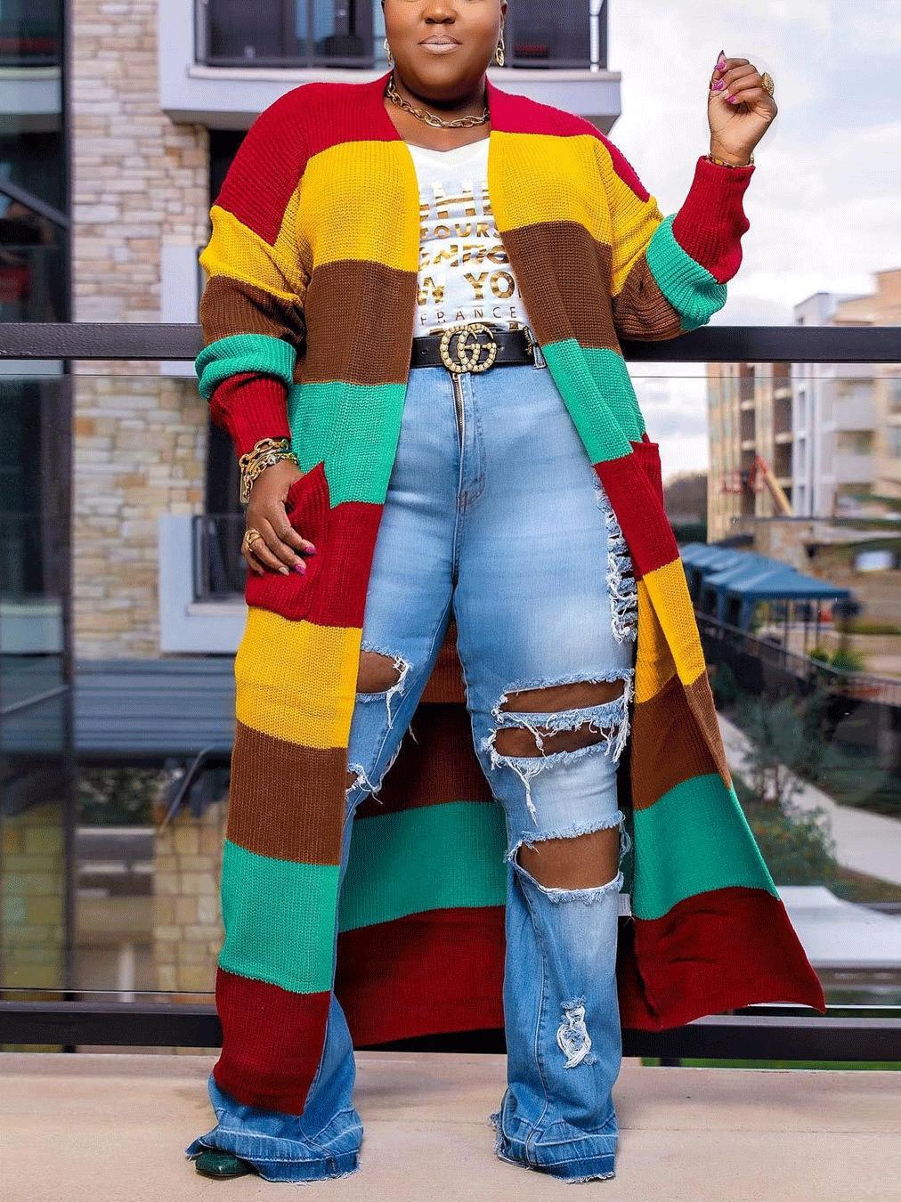 Knitted Multicolor Colorblock Cardigan