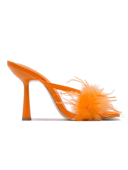 Feather Fur High Heel Mules