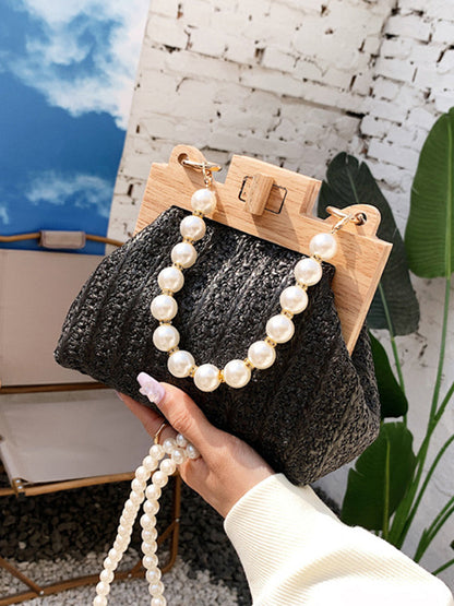 Women's Pearl Decor Twist Lock Straw Bag