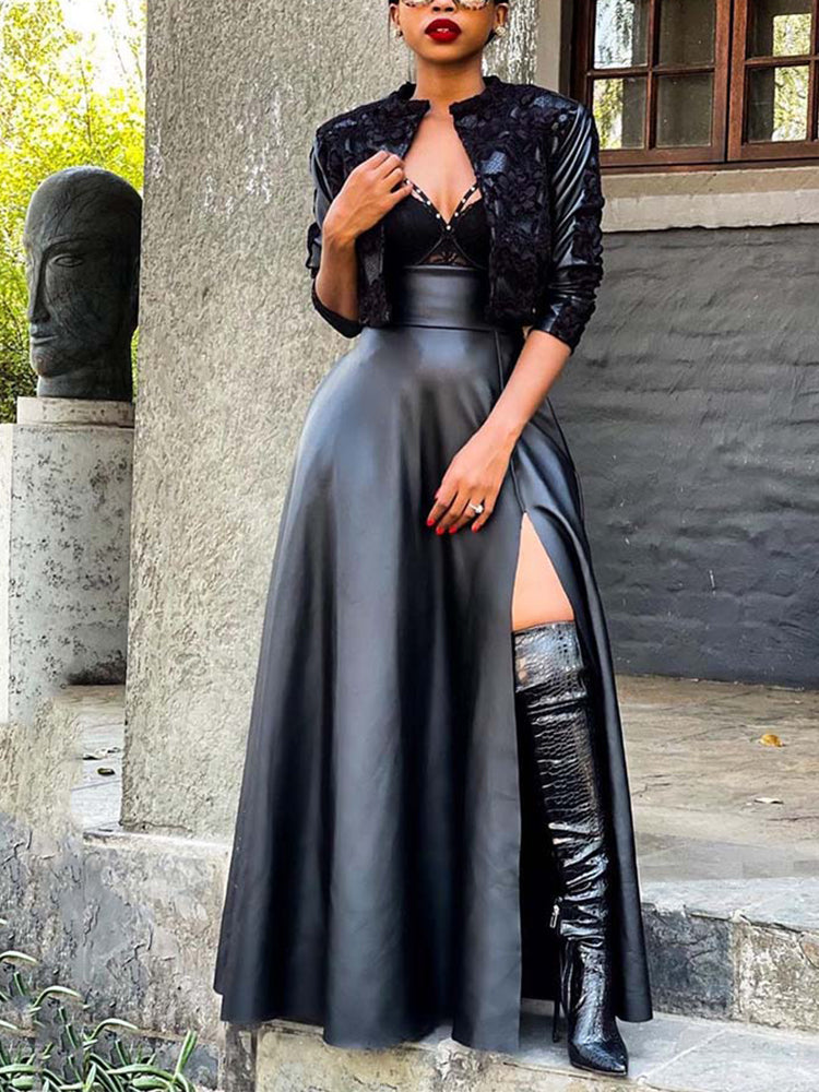 Vintage Leather Side Split Maxi Skirt