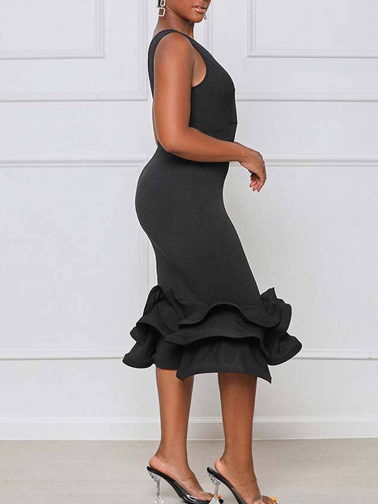 Women's Ruffled Trim Bodycon Midi Dress