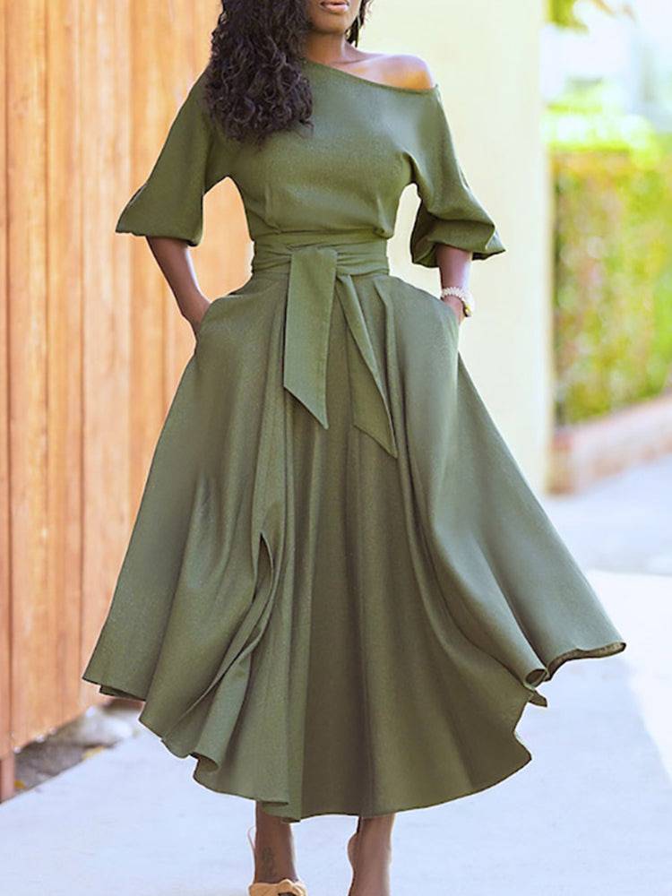 Oblique Neckline Half Sleeve Maxi Dress