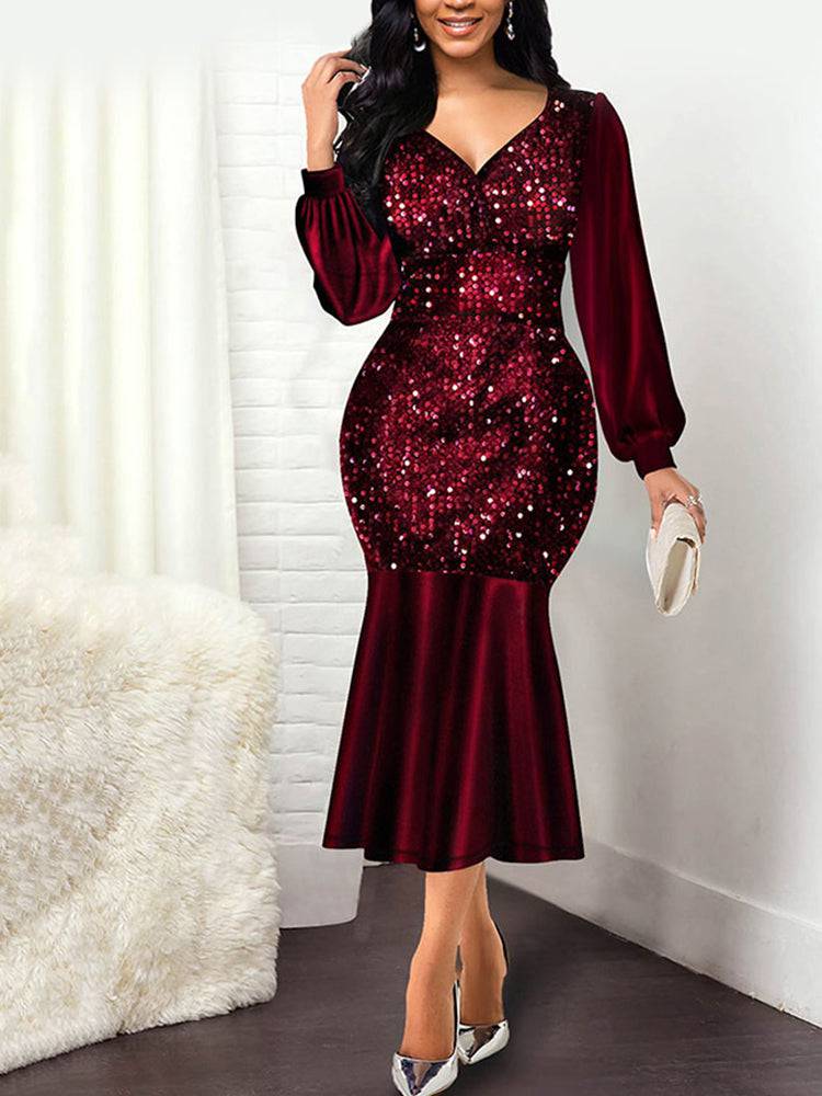 Women's V-Neck Sequined Fishtail Evening Dress