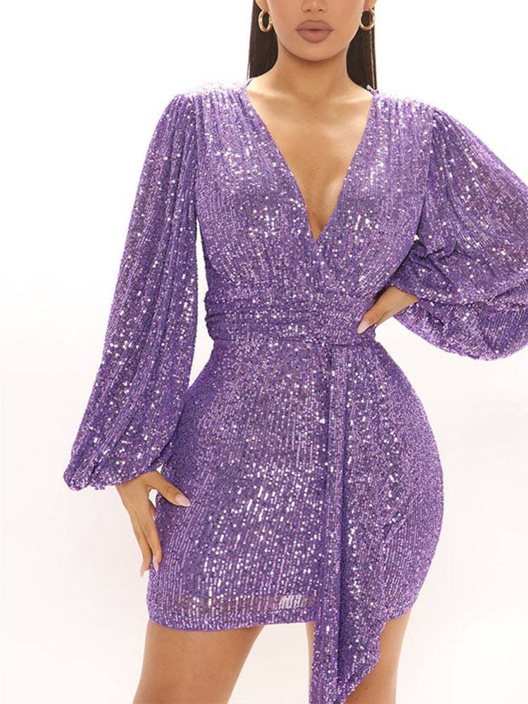 Lantern Sleeves Sequin Party Dress