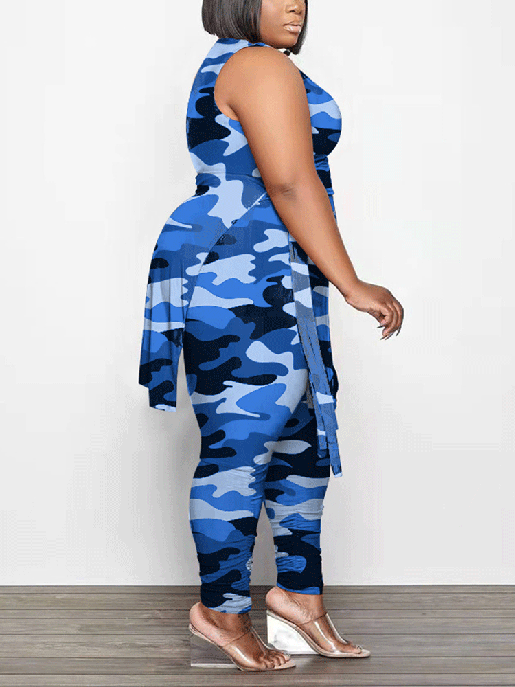 Camouflage Print Sleeveless Irregular Set