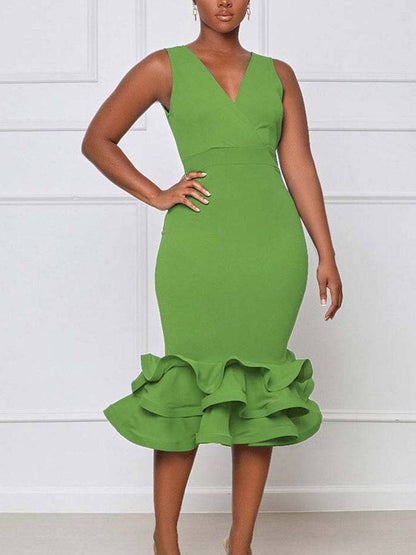 Women's Ruffled Trim Bodycon Midi Dress