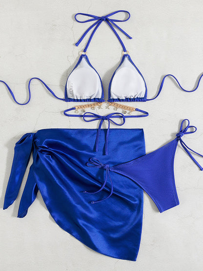 3PCS Rhinestone Decor Bikini Set