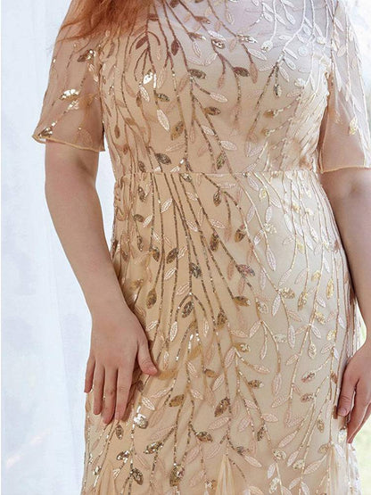 Women's Sequin Plants Detail Mesh Prom Dress