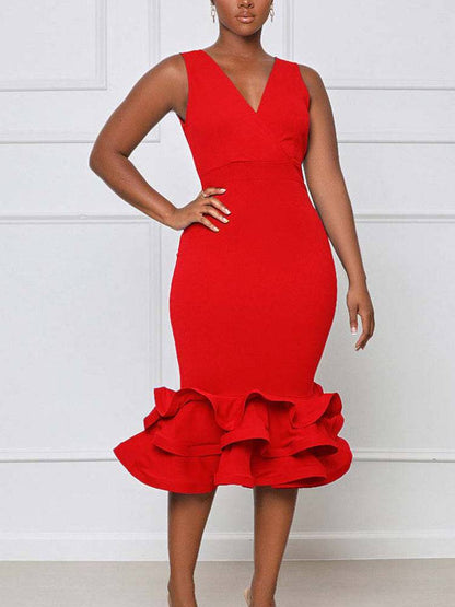 Women's Ruffled Trim Bodycon Midi Dress