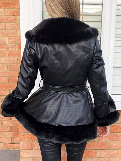 Fuzzy PU Leather Jacket with Belt