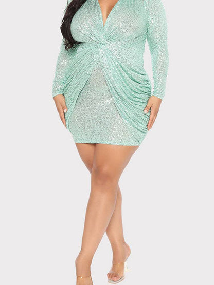 Women's V Neck Long Sleeved Twist Sequin Dress