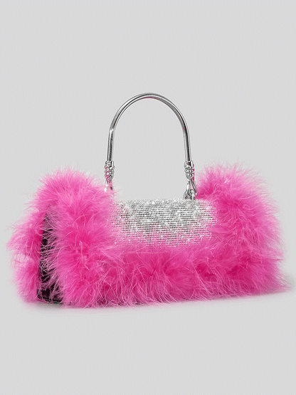 Women's Furry Rhinestone Evening Clutch Bag