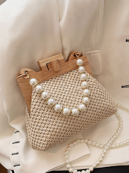 Women's Pearl Decor Twist Lock Straw Bag