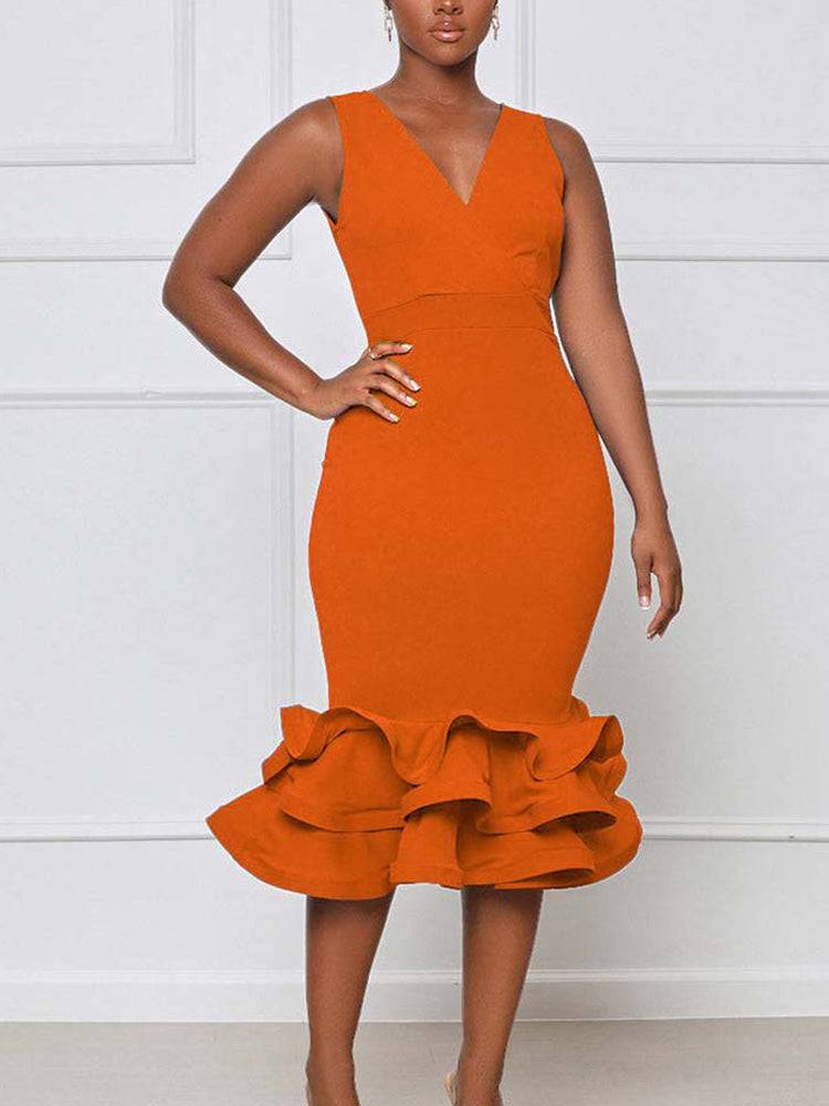 Women's Ruffled Trim Bodycon Midi Dress