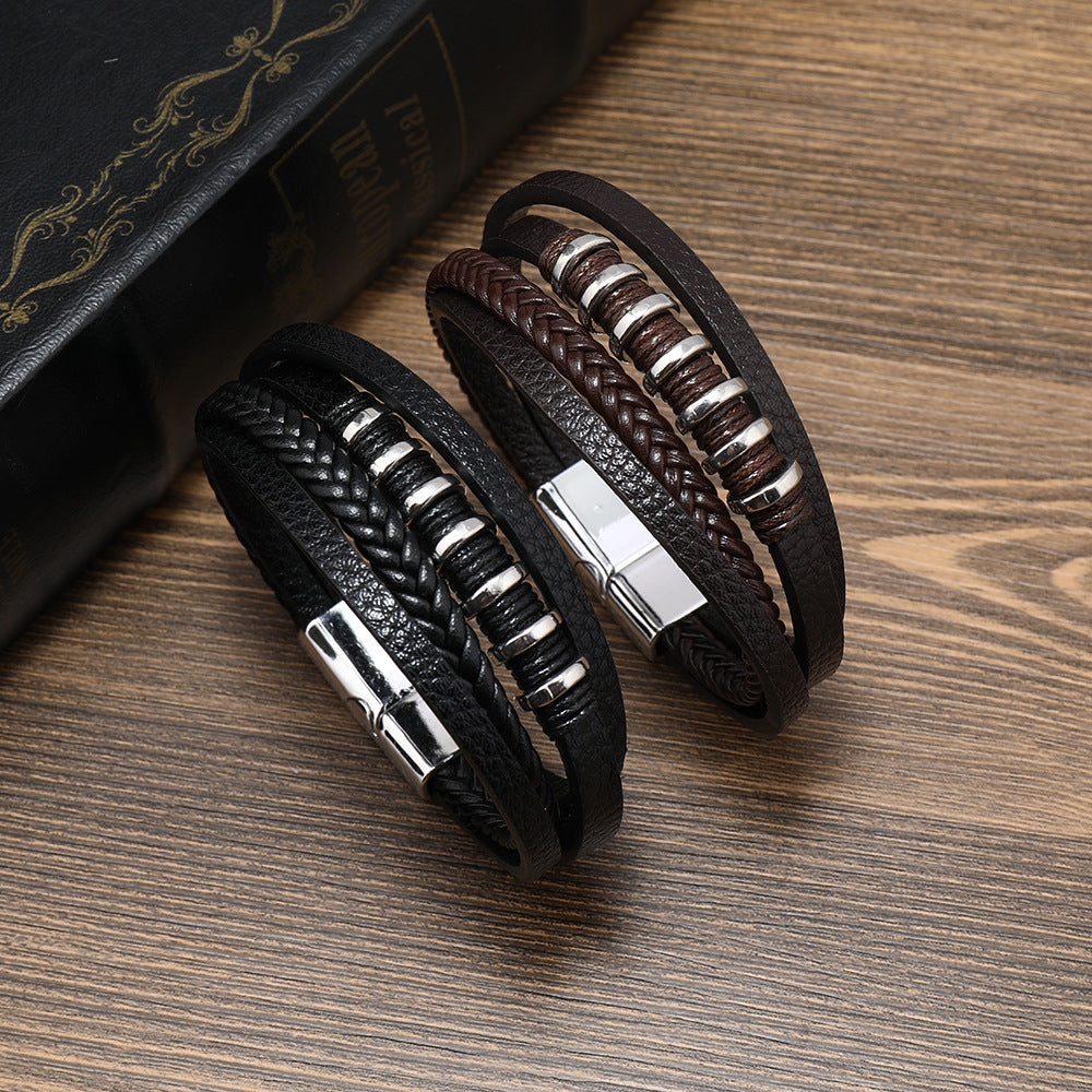 Multi layer rope wound leather simple woven magnetic buckle men's bracelet