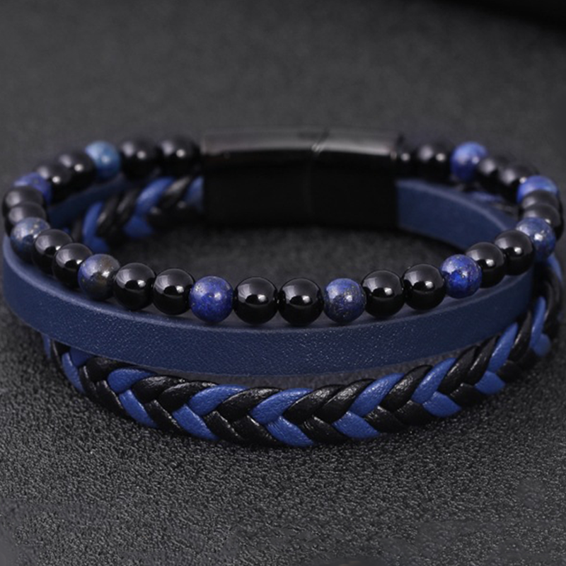 Men's Natural stone volcano stone lapis lazuli leather bracelet