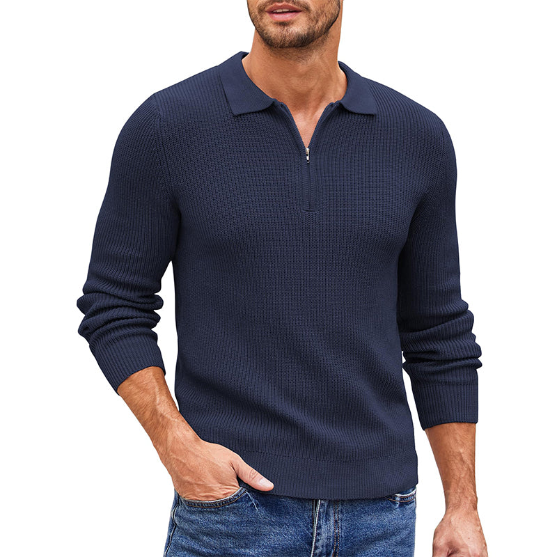 Men's Zip Casual Knit Polo Sweater