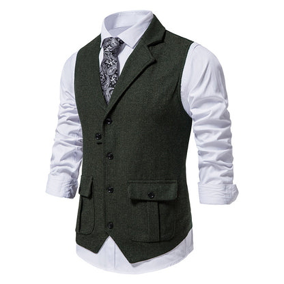 Men's Herringbone Lapel Pocket Sleeveless Vest