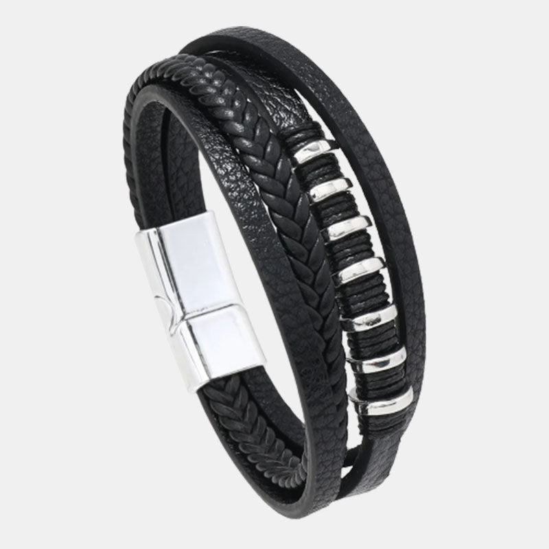 Multi layer rope wound leather simple woven magnetic buckle men's bracelet