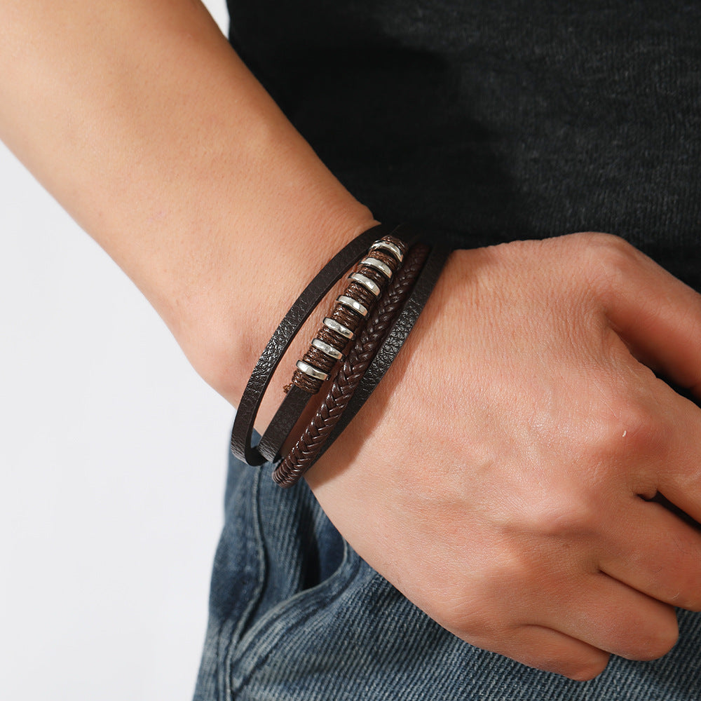 Multi layer rope wound leather simple woven magnetic buckle men's bracelet