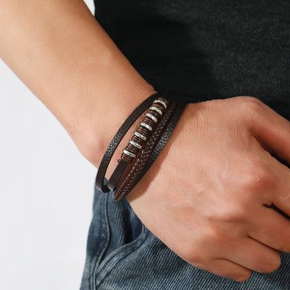 Multi layer rope wound leather simple woven magnetic buckle men's bracelet