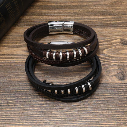 Multi layer rope wound leather simple woven magnetic buckle men's bracelet