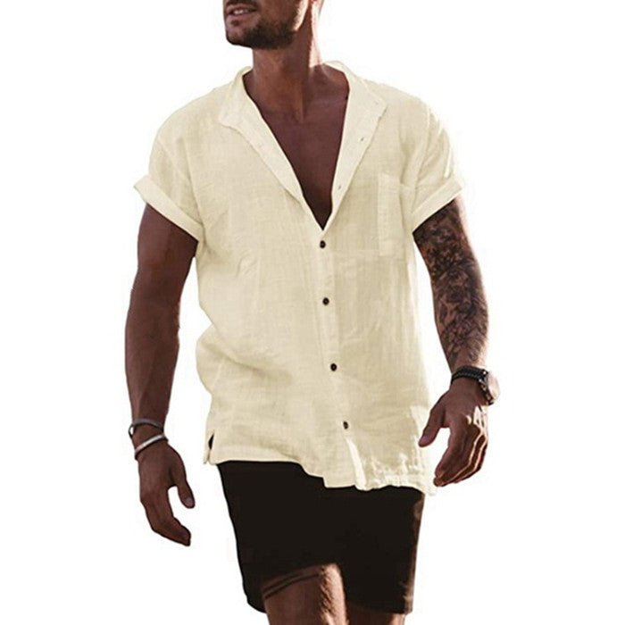 Men's Linen Casual Loose Short Sleeve Pocket Shirt