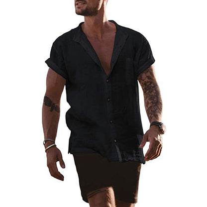 Men's Linen Casual Loose Short Sleeve Pocket Shirt