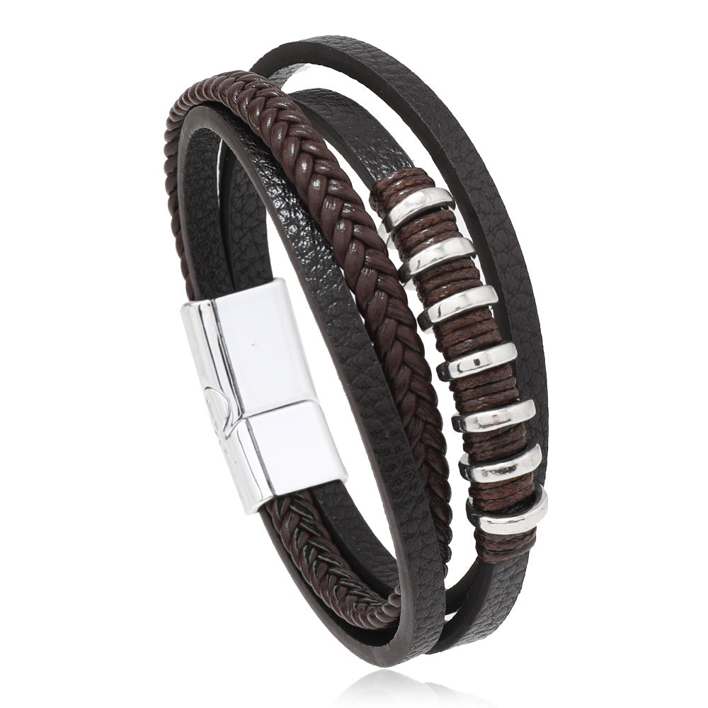 Multi layer rope wound leather simple woven magnetic buckle men's bracelet