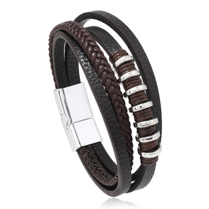 Multi layer rope wound leather simple woven magnetic buckle men's bracelet