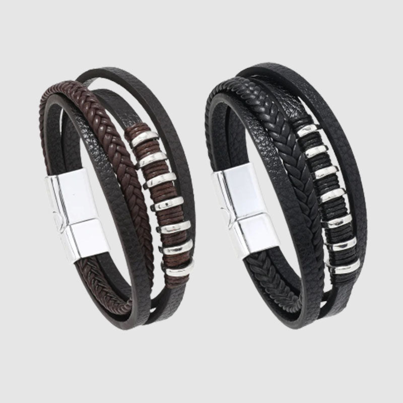 Multi layer rope wound leather simple woven magnetic buckle men's bracelet